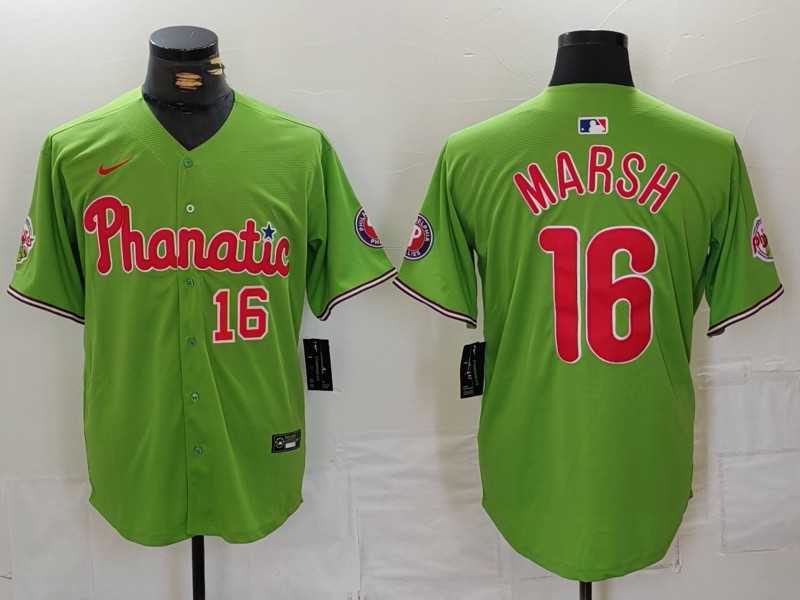 Mens Philadelphia Phillies #16 Brandon Marsh Number Green With Patch Stitched Cool Base Nike Jersey